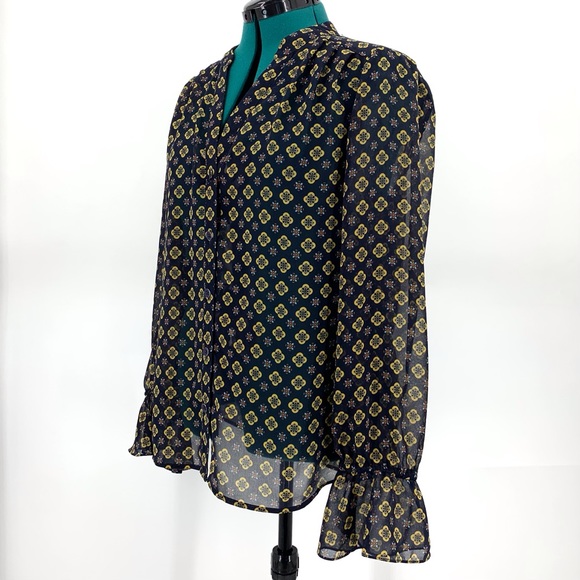 Cabi Mosaic Blouse # 3772, Medallion Print Collarless Bell Sleeve Blouse, Medium - Picture 3 of 16